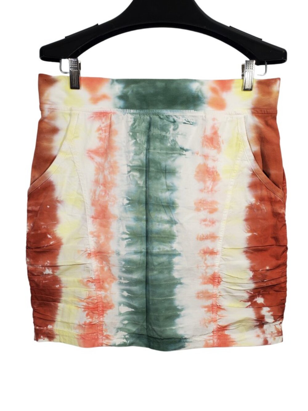 XCVI Ruched Tube Skirt Women's M Tie-Dye Striped Green Yellow Red White Cotton